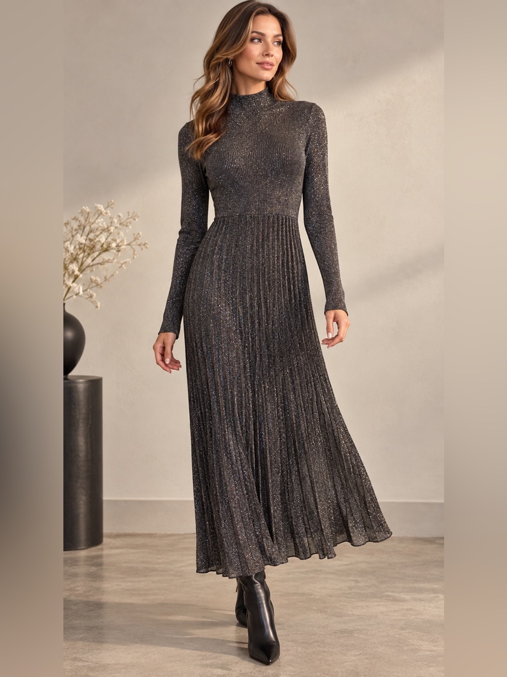 Antonio Melani Metallic Charcoal Pleated Knit Maxi Dress NWT